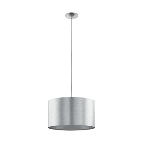 Saganto pendel i metal Satin Nikkel med skærm i Silver plastik, MAX 60W E27, diameter 45 cm, højde 110 cm.